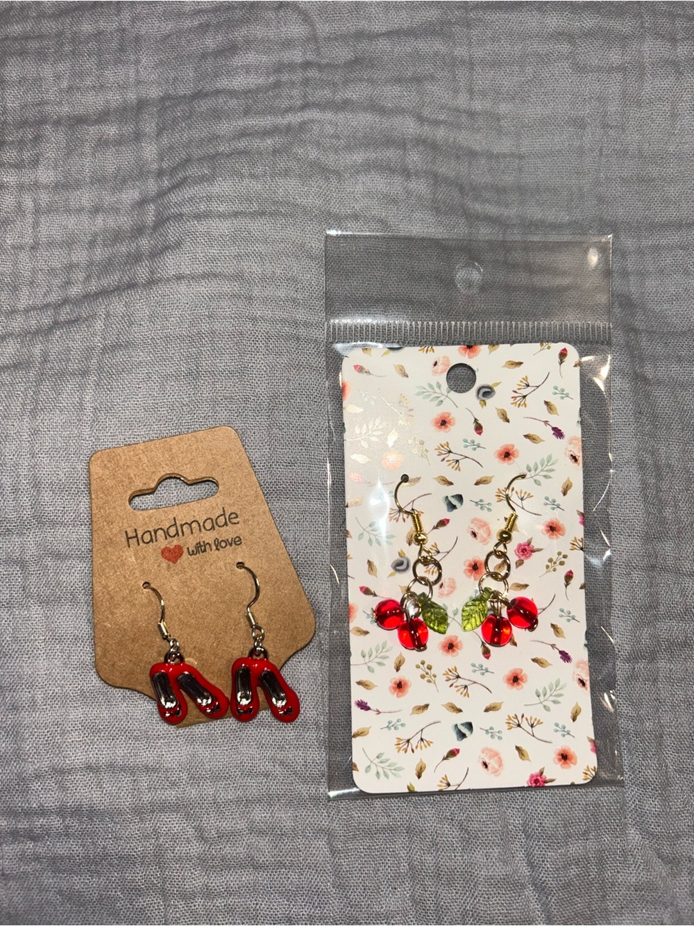 Handmade red slippers and cherry earrings